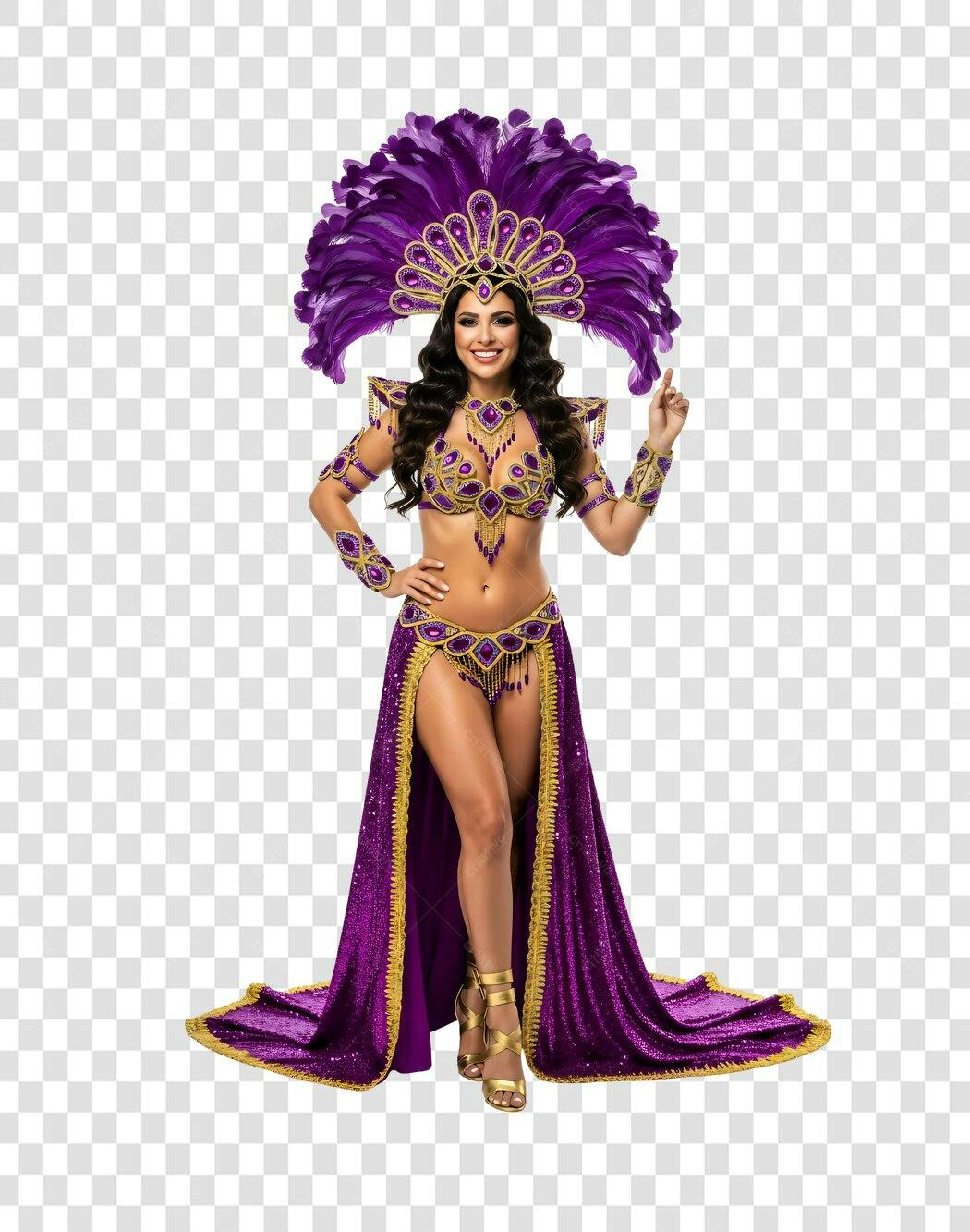 Foto Recortada Mulher Fantasia Carnaval Roxa Dourada PNG Fundo Transparente