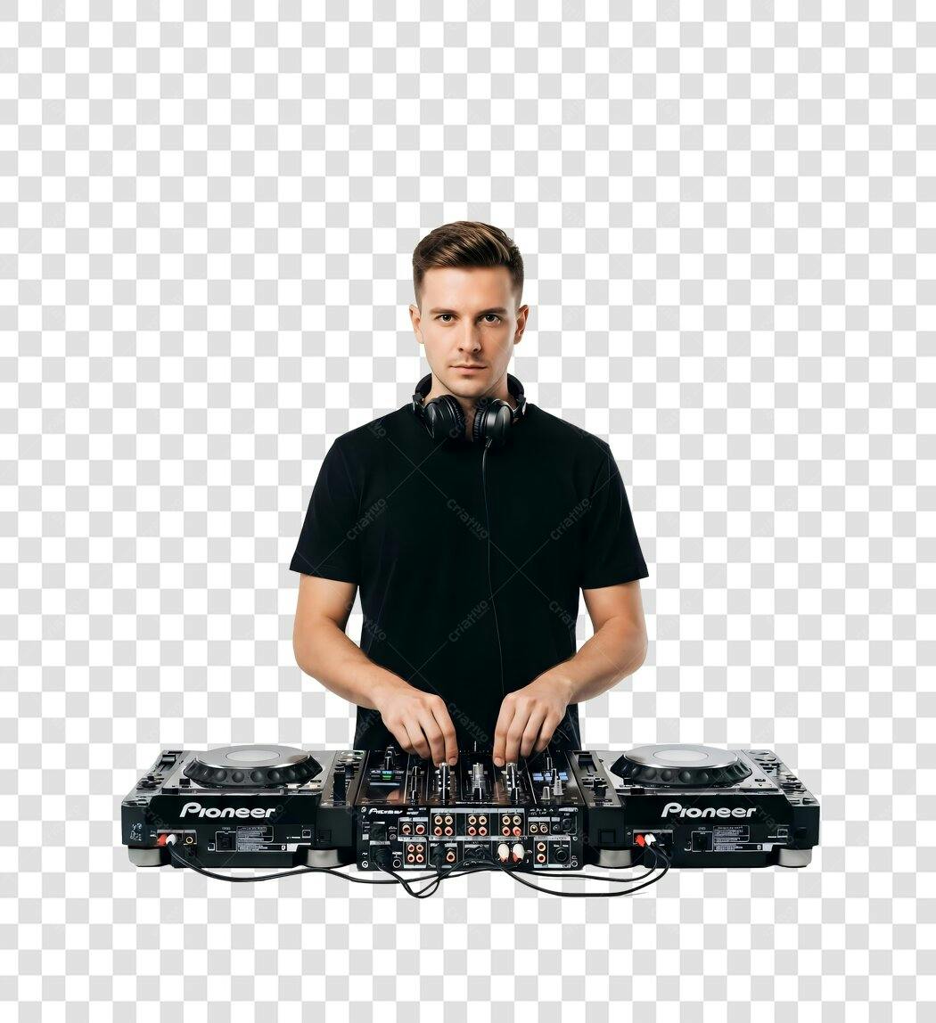Foto Recortada DJ Homem Tocando Mesa de Som PNG Fundo Transparente