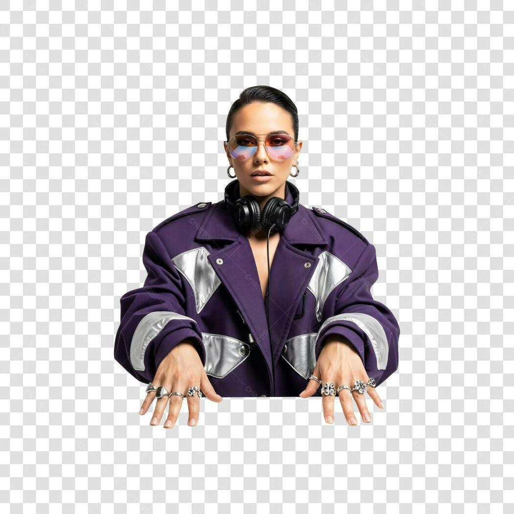 Foto Recortada Mulher Jaqueta Roxa Fones Ouvido PNG Fundo Transparente