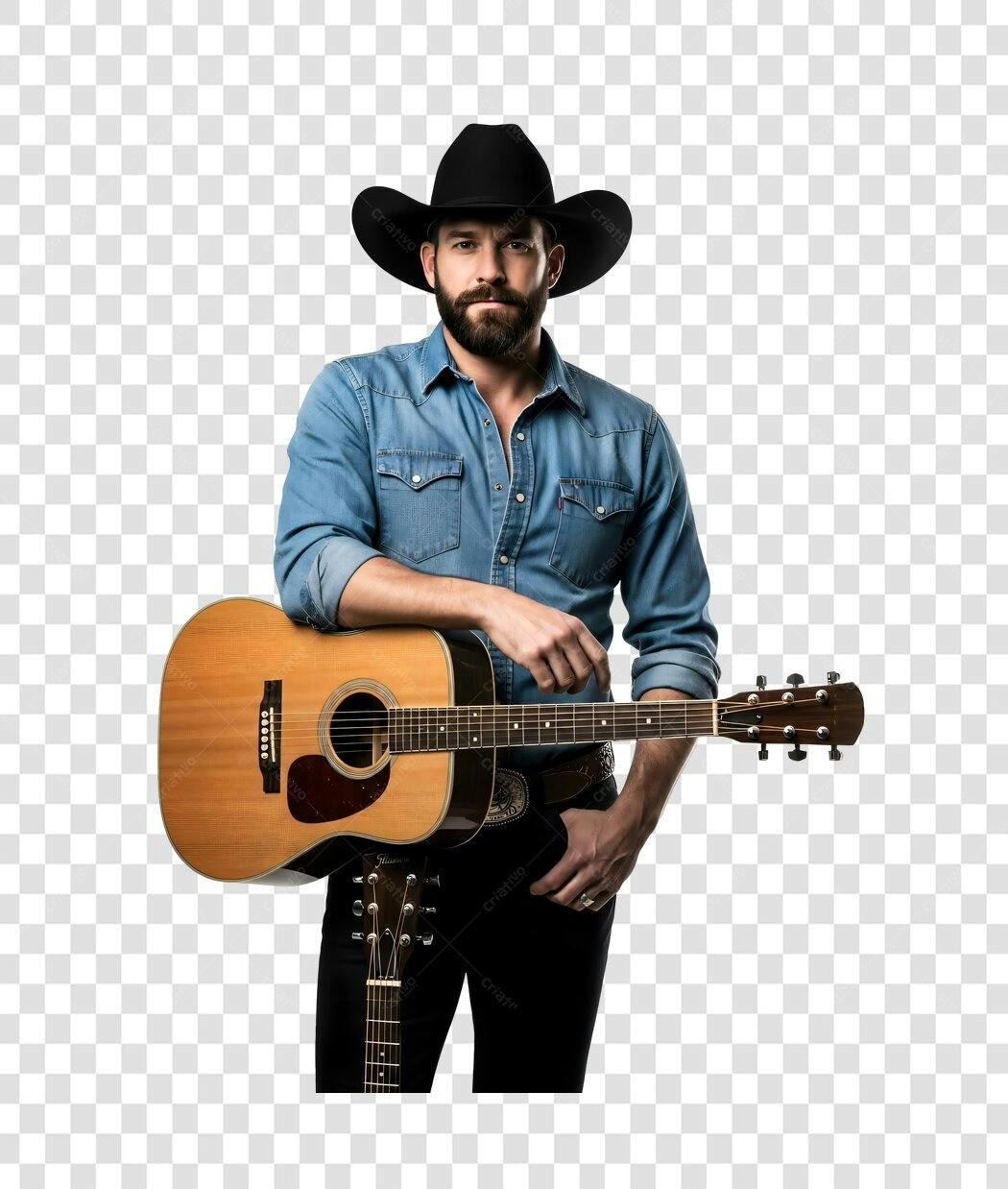 Foto Recortada Homem Barba Chapéu Cowboy Violão PNG Fundo Transparente