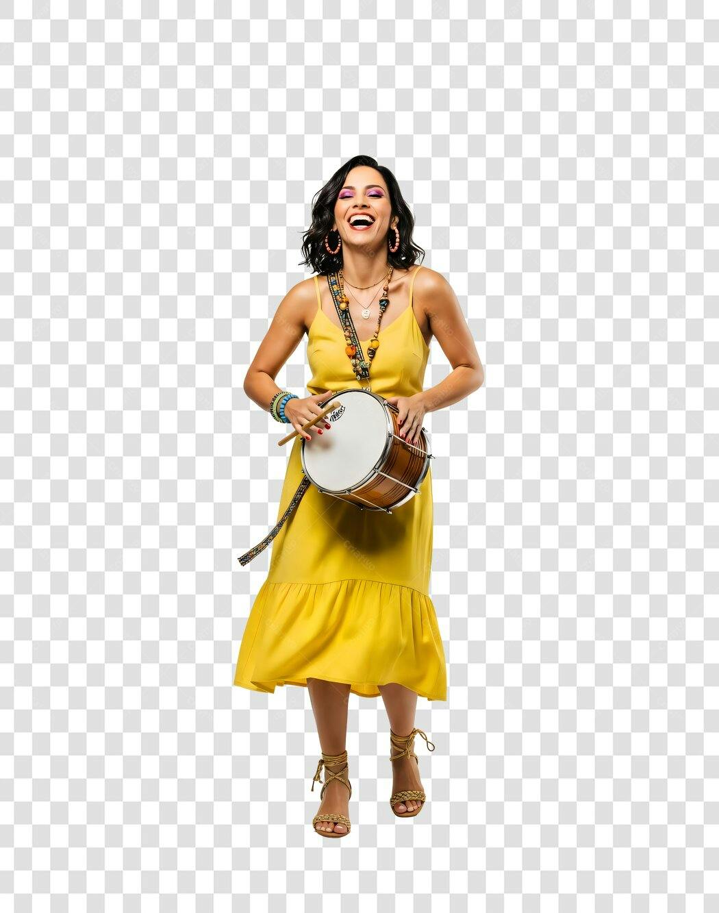 Foto Recortada Mulher Tocando Pandeiro Vestido Amarelo PNG Fundo Transparente