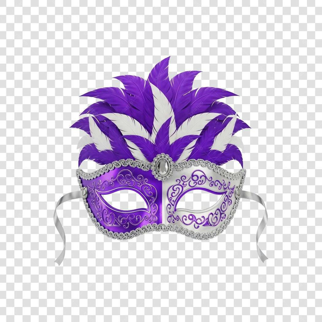 Máscara Carnaval Roxo Prata Penas PNG Fundo Transparente