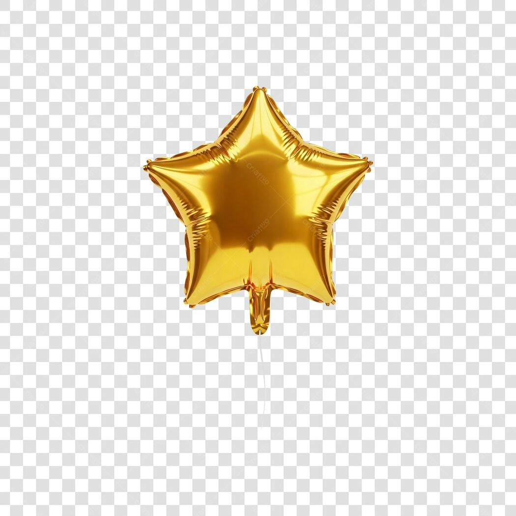 Elemento 3D Balão Estrela Dourada Metalizado PNG Fundo Transparente