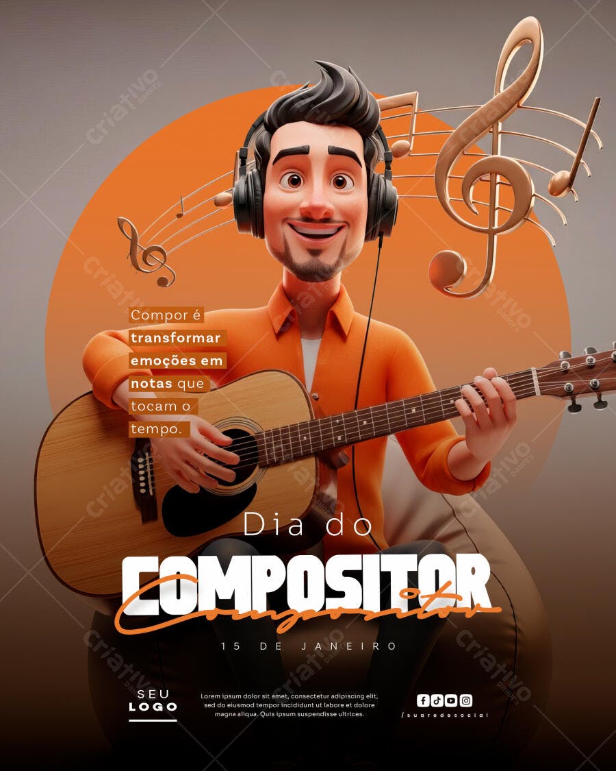 Post Dia do Compositor 15 de Janeiro Música PSD Editável