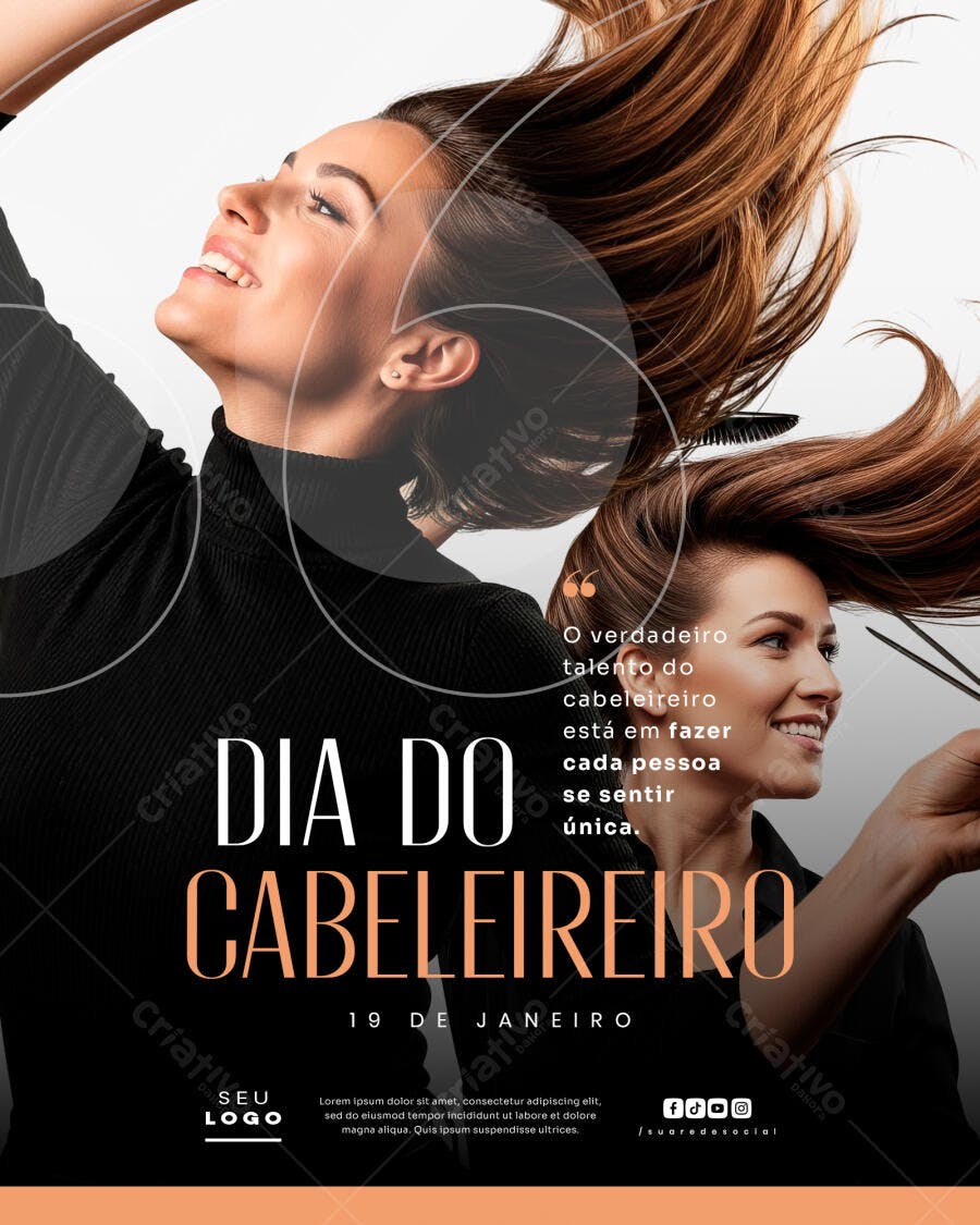 Flyer Dia do Cabeleireiro 19 de Janeiro Salão de Beleza PSD Editável