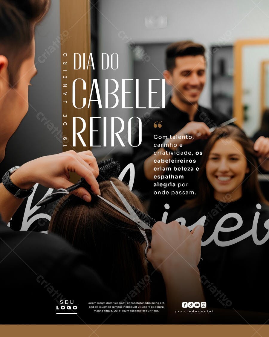 Post Instagram Dia do Cabeleireiro Salão de Beleza PSD Editável