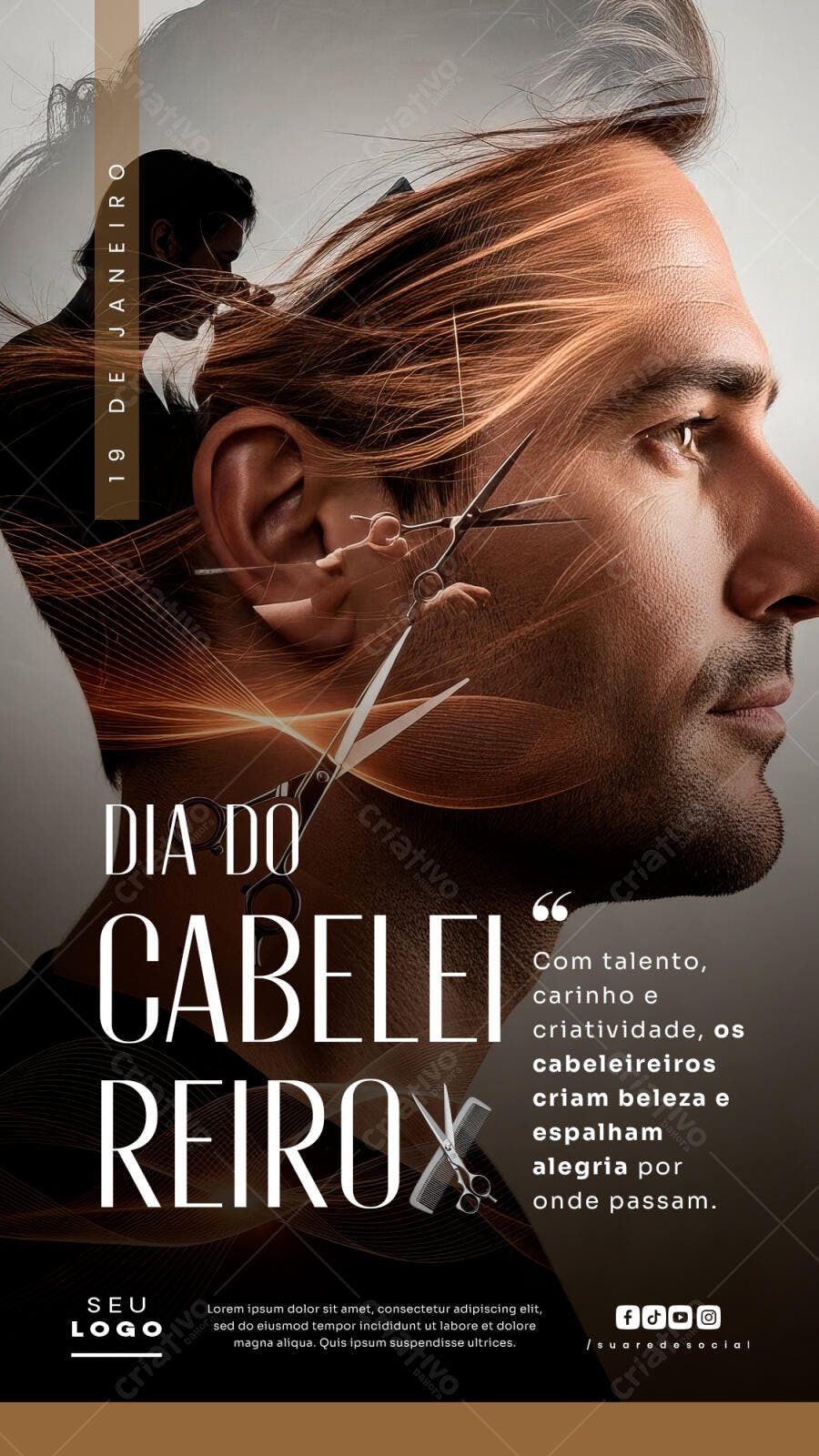 Post Instagram Dia do Cabeleireiro 19 de Janeiro PSD Editável