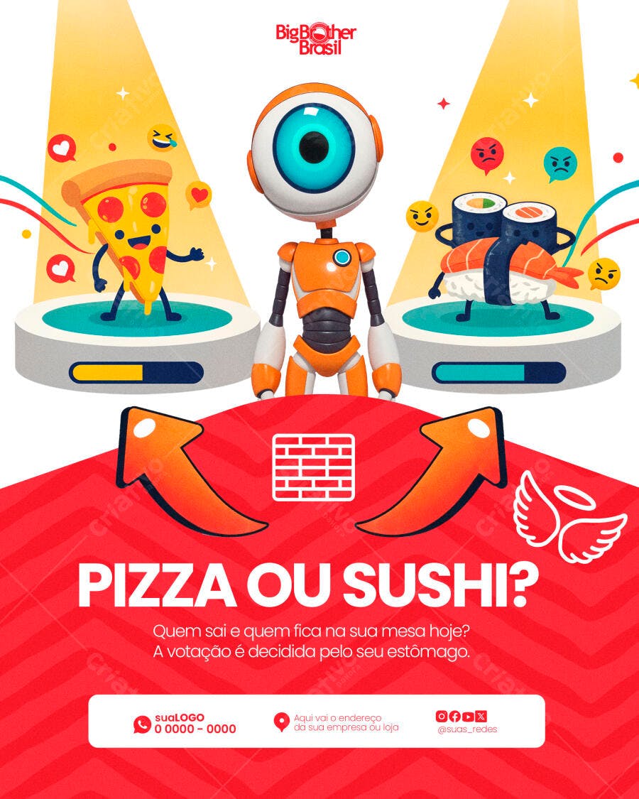 Post Instagram Pizza ou Sushi Big Brother Brasil PSD Editável