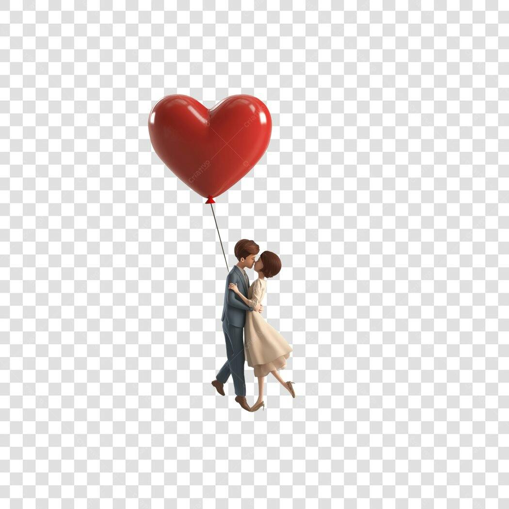 Elemento 3D Casal Beijando Balão Coração Dia dos Namorados Junho PNG Fundo Transparente