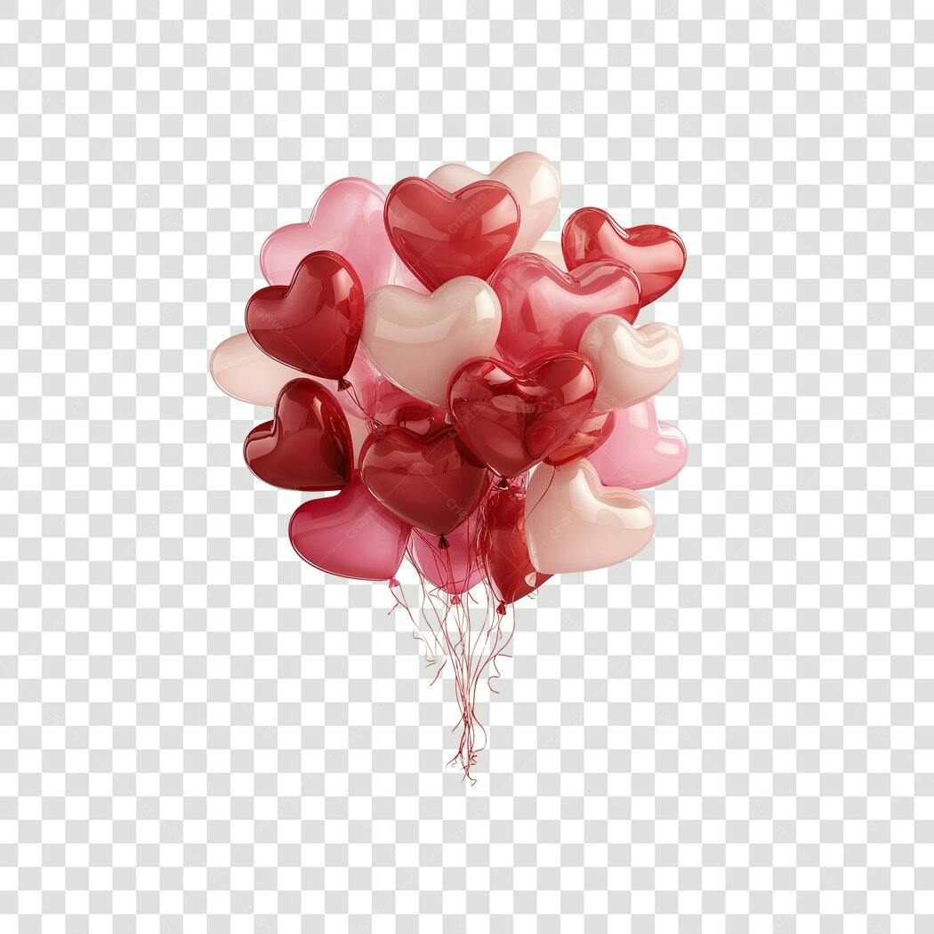 Elemento 3D Balões Coração Vermelho Rosa Dia dos Namorados Junho PNG Fundo Transparente