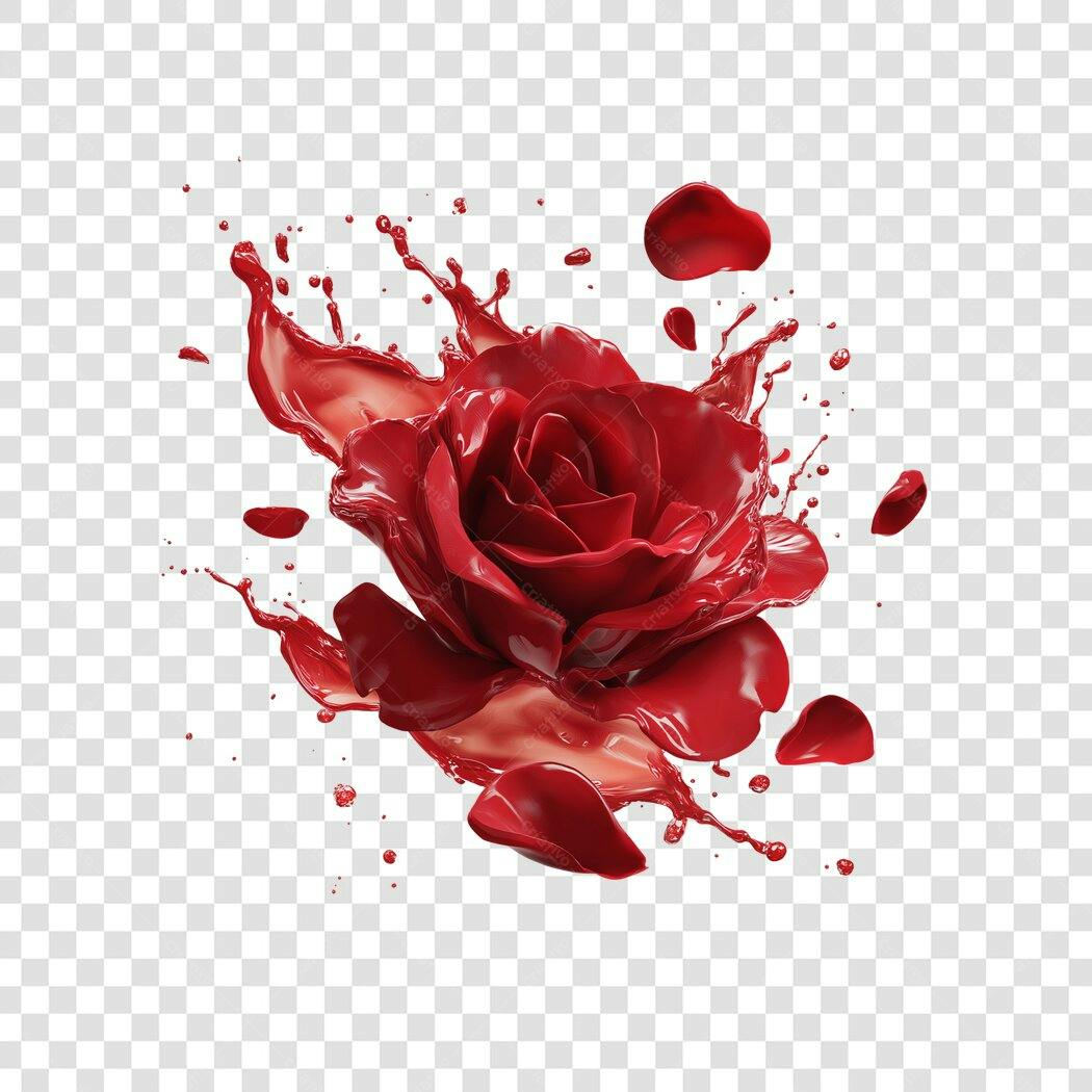 Elemento 3D Rosa Vermelha com Salpicos Tinta PNG Fundo Transparente