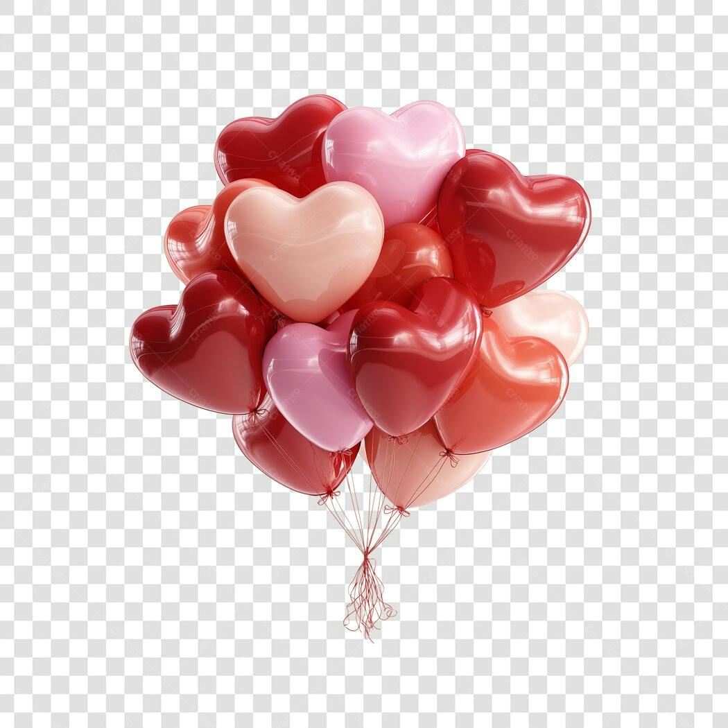 Elemento 3D Balões Coração Vermelho Rosa PNG Fundo Transparente
