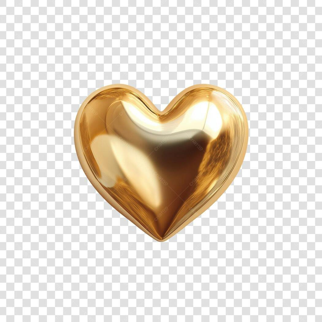 Elemento 3D Coração Dourado Brilhante PNG Fundo Transparente