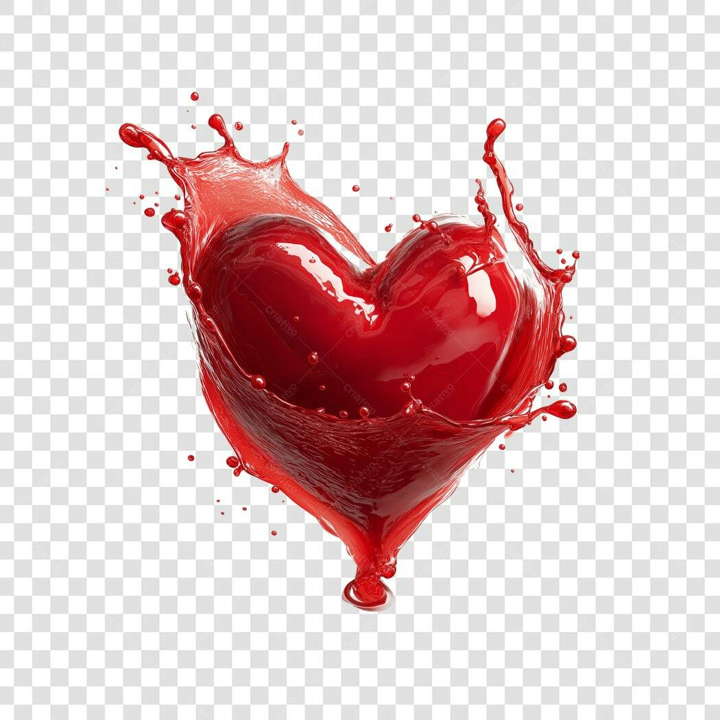 Elemento 3D Coração Líquido Vermelho com Salpicos PNG Fundo Transparente