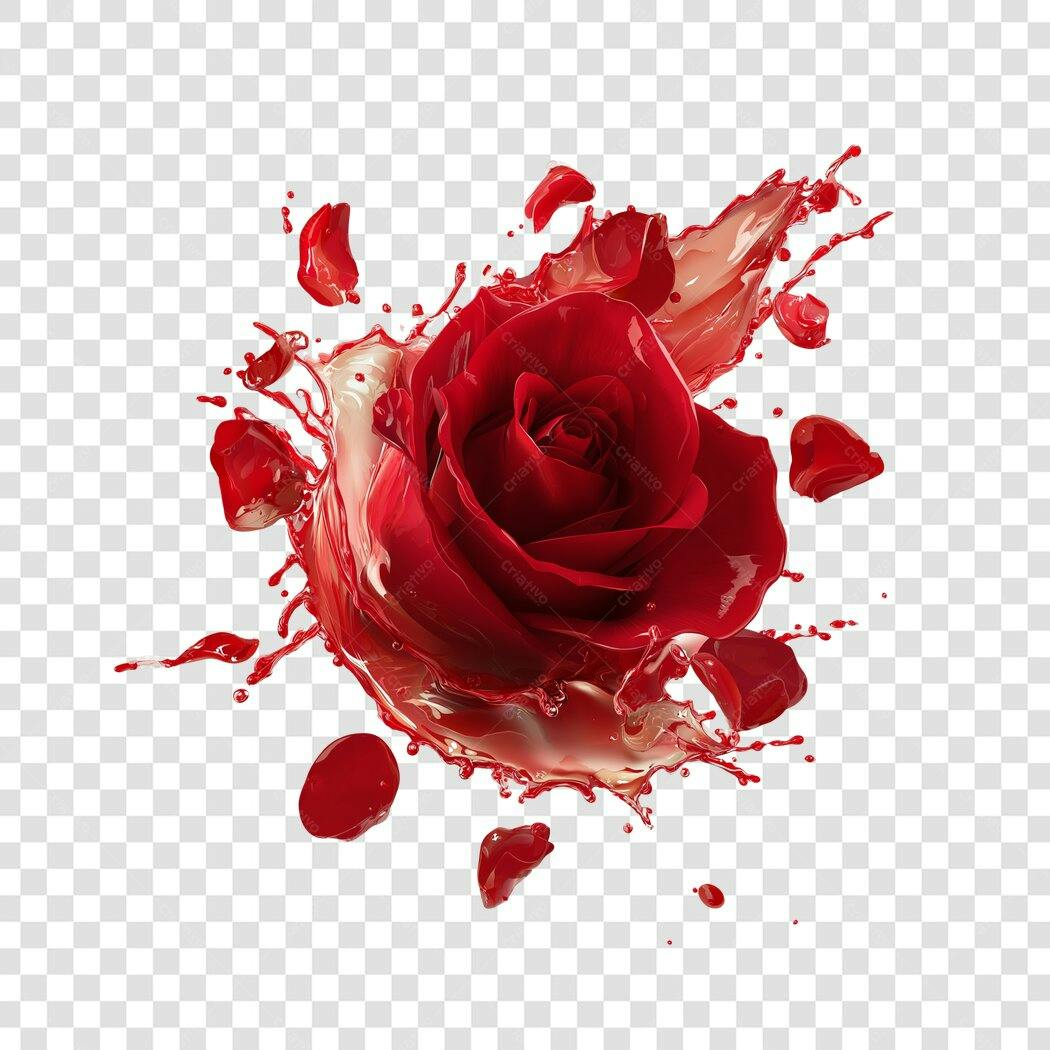 Foto Recortada Rosa Vermelha com Salpicos Líquido PNG Fundo Transparente