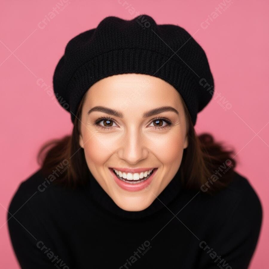 Foto Mulher Jovem Sorrindo Boina Preta Fundo Rosa Estúdio