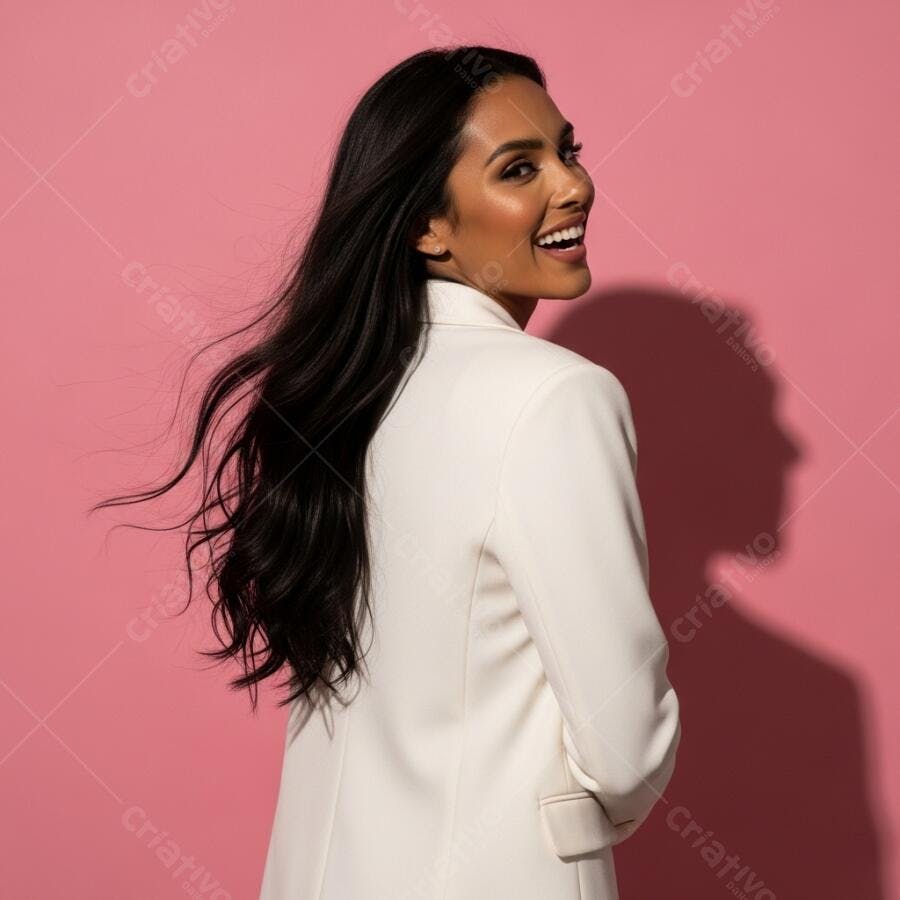 Foto Mulher Jovem Sorrindo Blazer Branco Fundo Rosa Studio