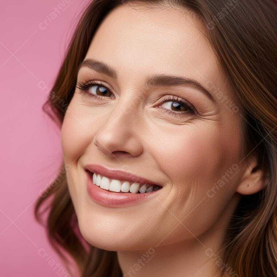 Foto Retrato Mulher Branca Sorrindo Fundo Rosa Estúdio