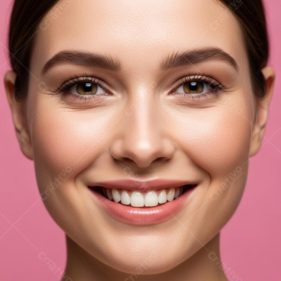 Foto Retrato Mulher Jovem Sorrindo Pele Saudável Fundo Rosa