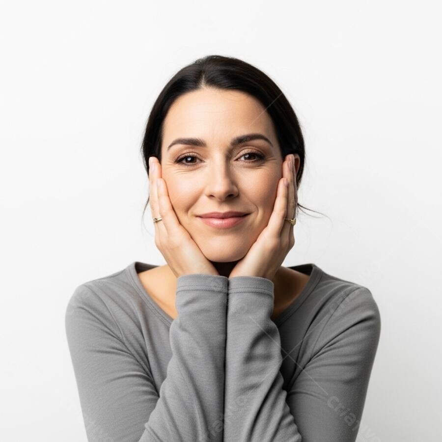 Foto Mulher Sorrindo Mãos no Rosto Retrato Estúdio Fundo Branco