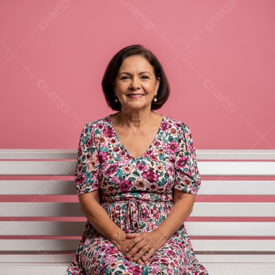 Foto Mulher Idosa Sorrindo Sentada Banco Rosa Estúdio