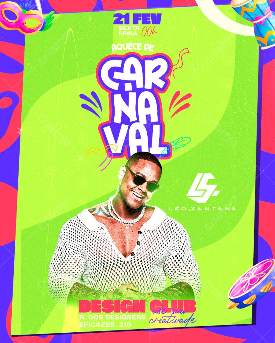 Flyer Pré-Carnaval Fevereiro Léo Santana PSD Editável