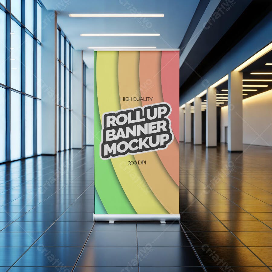 Mockup Roll Up Banner Vertical Hall de Entrada Editável
