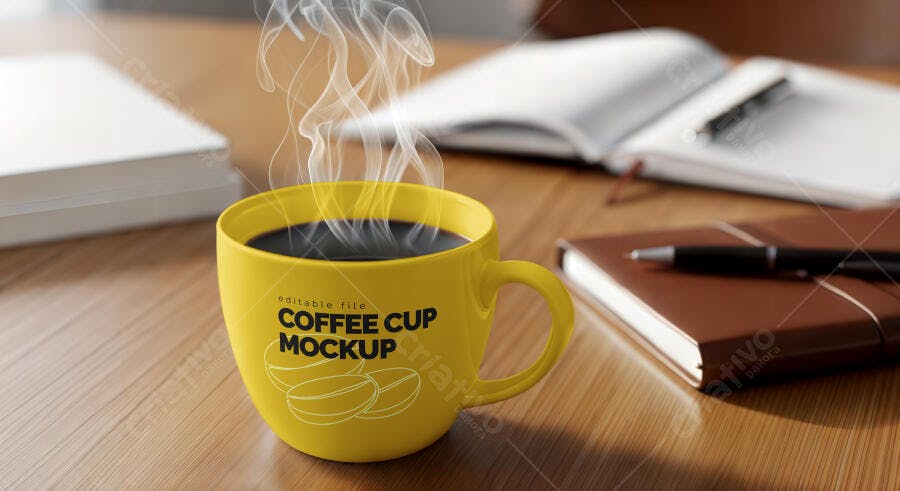 Mockup Caneca Café Amarela Vapor Mesa Madeira Editável