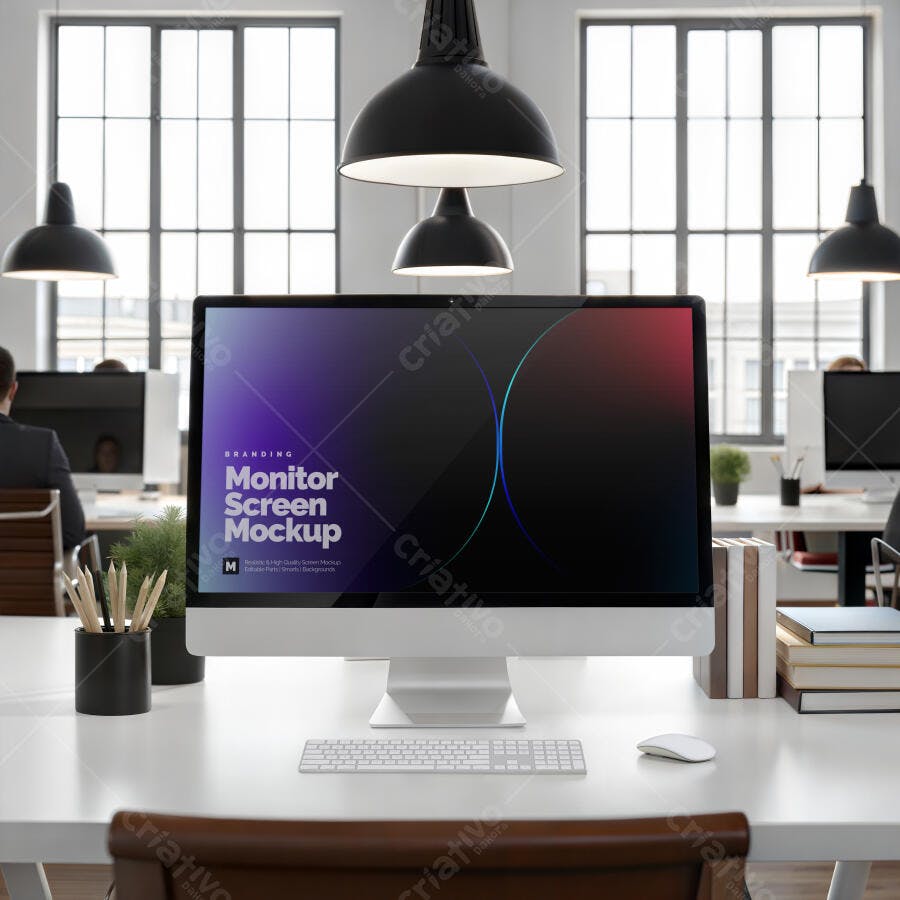 Mockup Monitor Computador Escritório Frontal Editável