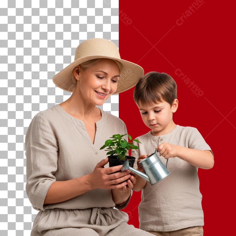 Foto Recortada Mãe e Filho Plantando PNG Fundo Transparente