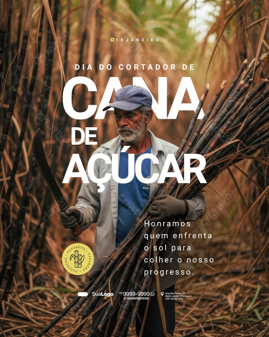 Post Dia do Cortador de Cana de Açúcar 1 de Janeiro PSD Editável