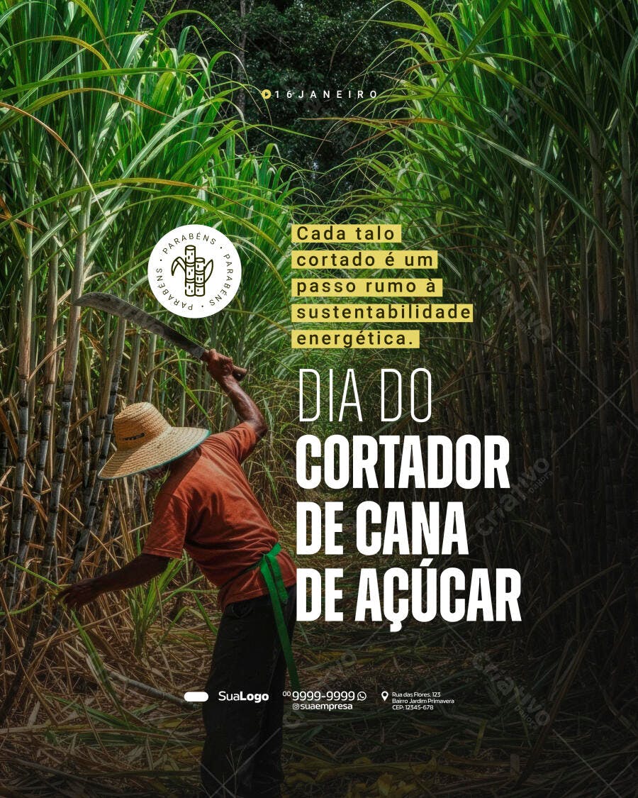 Post Dia do Cortador de Cana de Açúcar 01 Janeiro PSD Editável