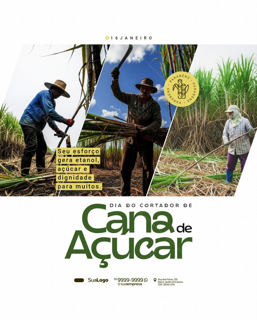 Post Dia do Cortador de Cana de Açúcar 16 de Janeiro PSD Editável