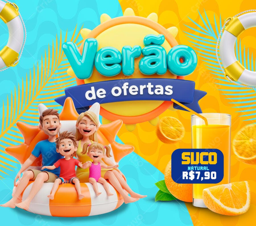 Verão de Ofertas Flyer Família Suco Laranja PSD Editável