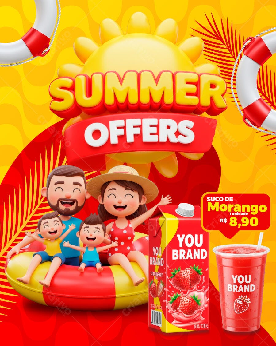 Flyer Verão Ofertas Suco Morango PSD Editável