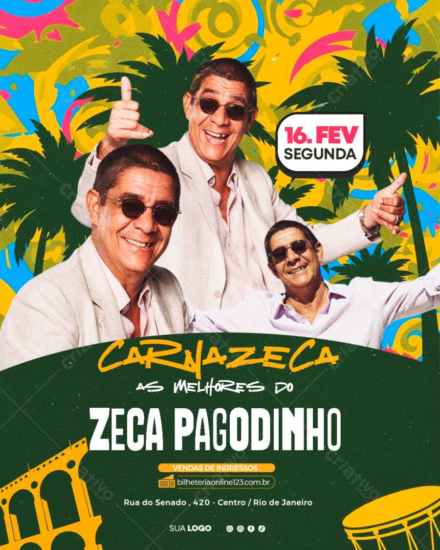 Flyer Carnaval Fevereiro Zeca Pagodinho PSD Editável