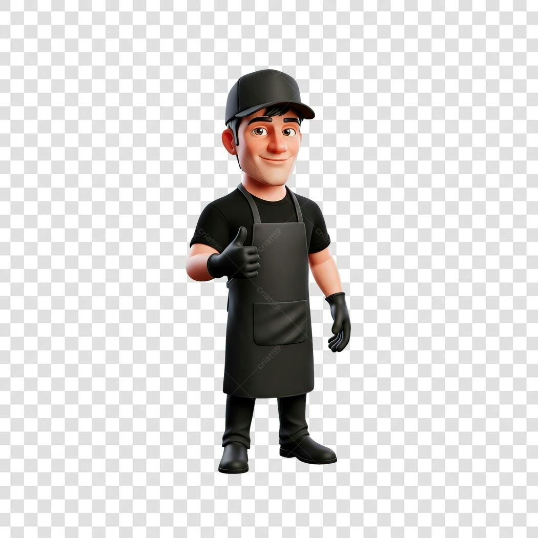 Elemento 3D Barista Homem Uniforme Preto PNG Fundo Transparente
