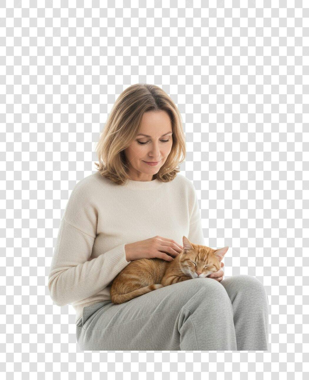 Foto Recortada Mulher Acariciando Gato Laranja PNG Fundo Transparente