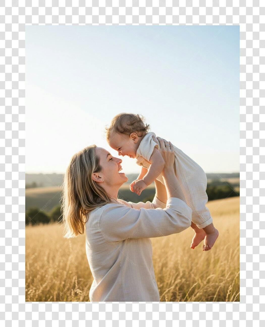 Foto Mãe Branca Sorrindo Bebê Campo Dourado Lifestyle