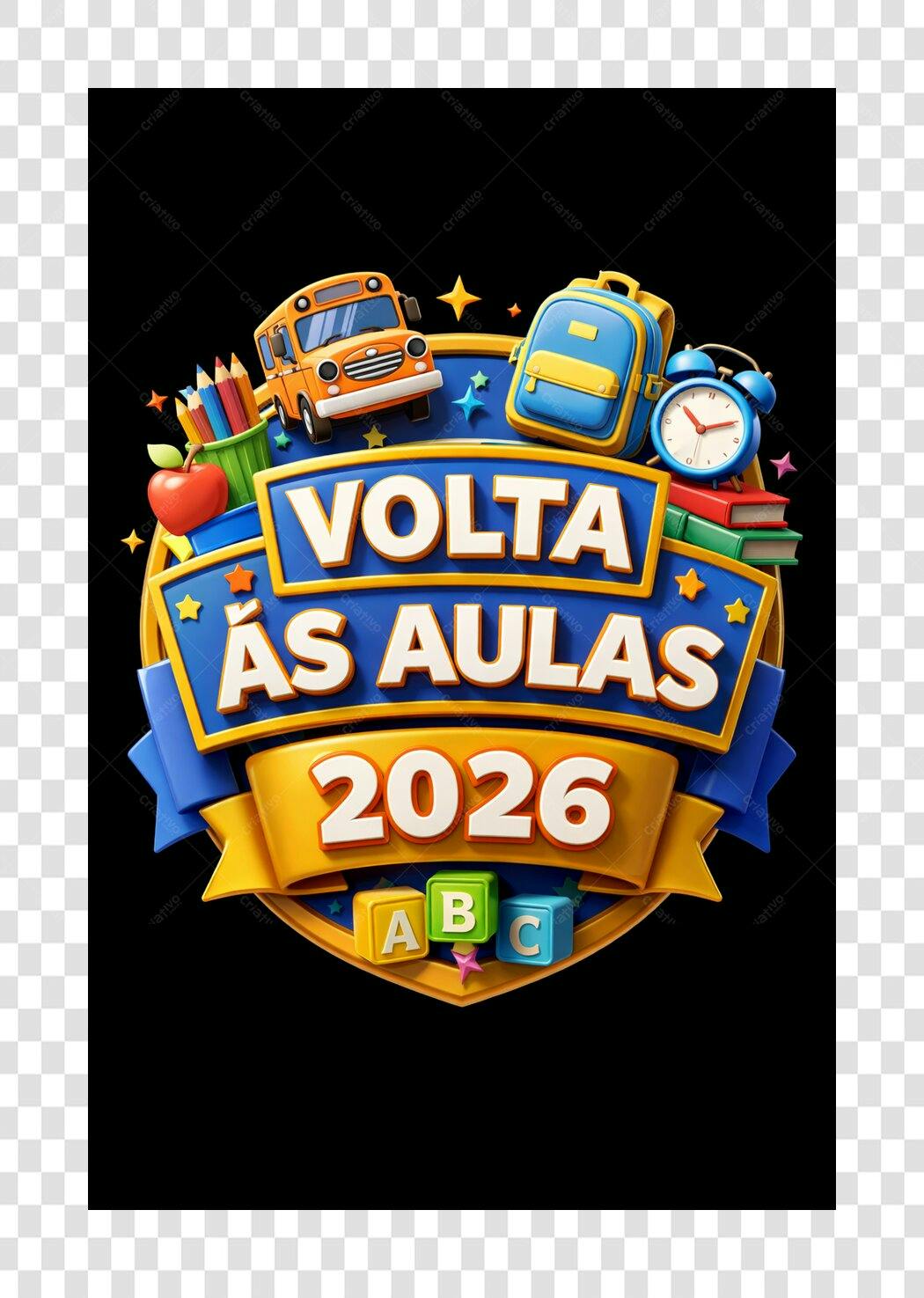 Elemento 3D Volta às Aulas 2026 Escolar PNG Fundo Transparente