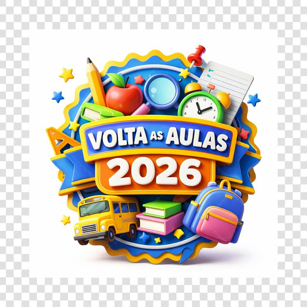 Elemento 3D Volta às Aulas 2026 PNG Fundo Transparente