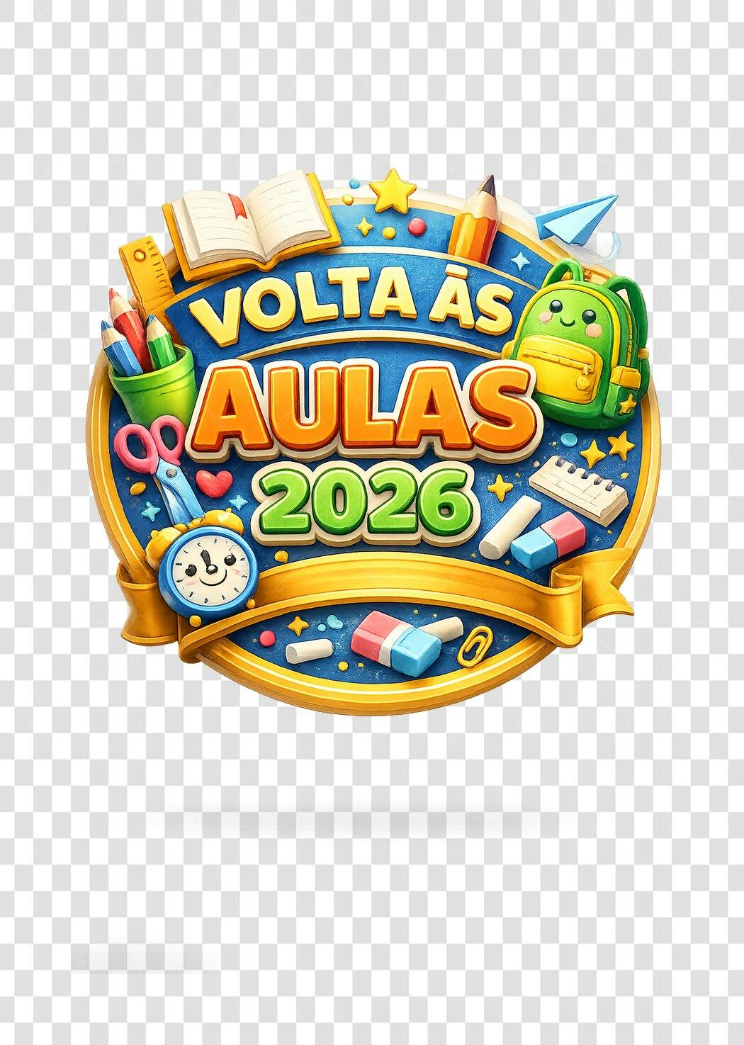Ilustração 3D Volta às Aulas 2026 Elementos Escolares PNG Fundo Transparente
