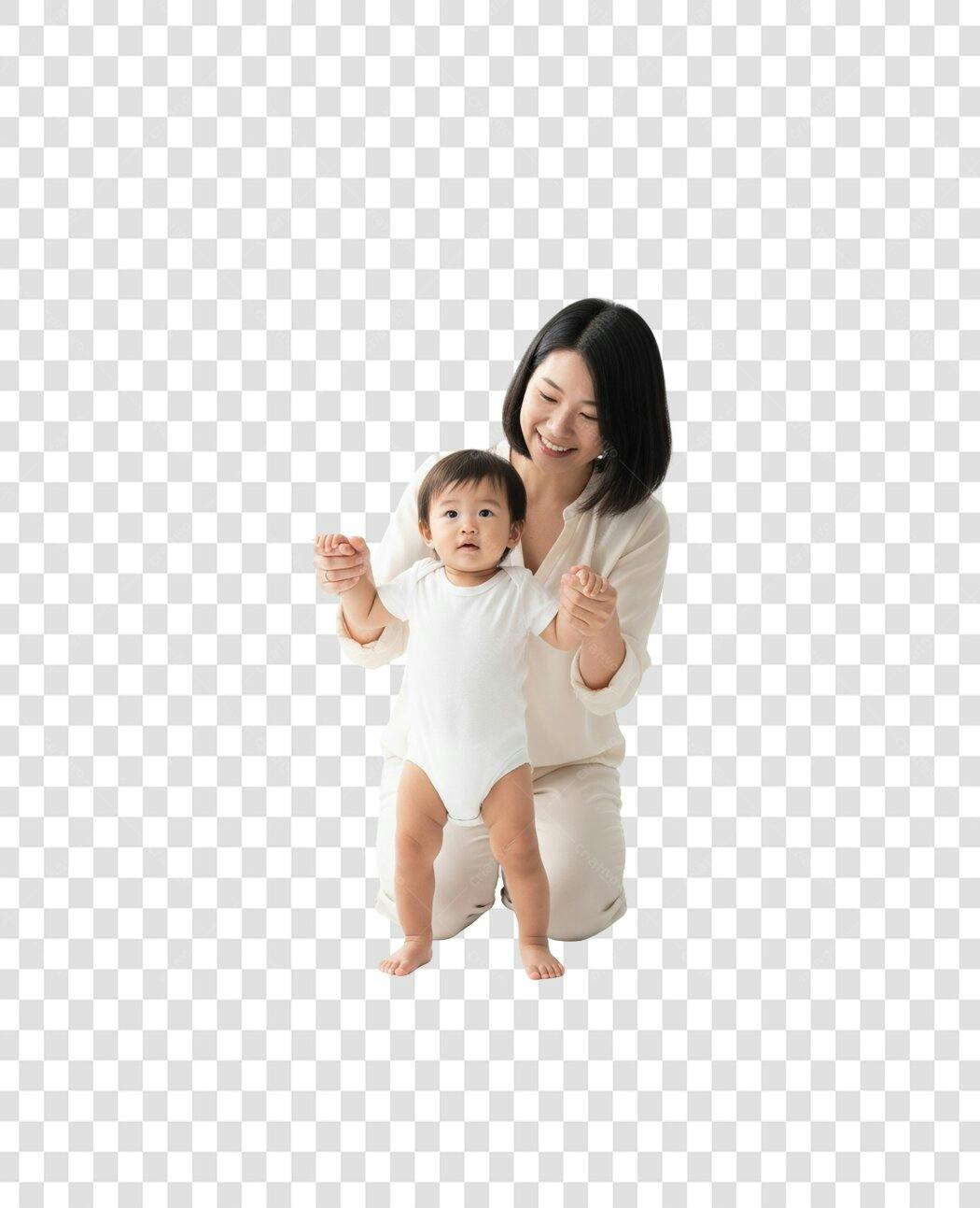 Foto Recortada Mãe e Bebê Asiáticos Aprendendo Andar PNG Fundo Transparente