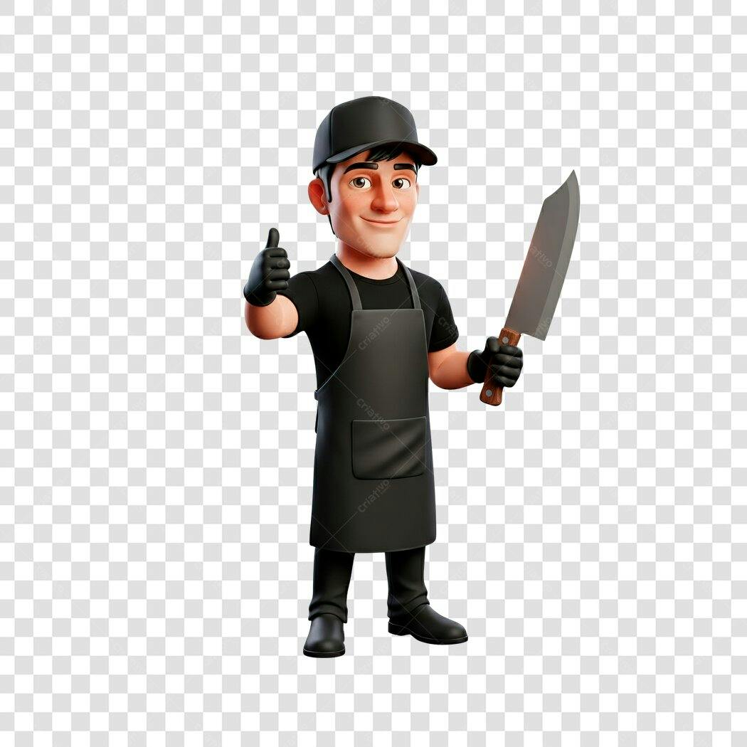 Personagem 3D Churrasqueiro Açougueiro Faca PNG Fundo Transparente