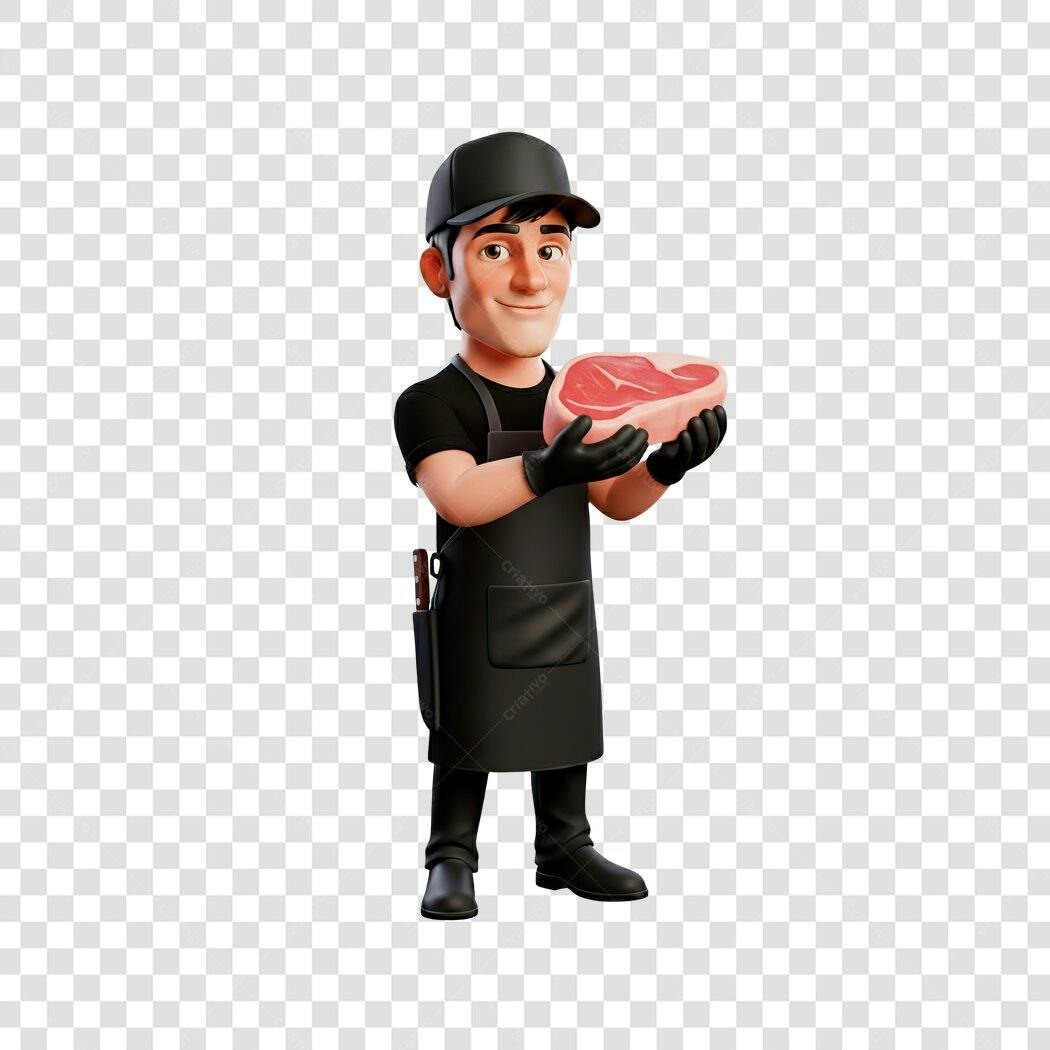 Elemento 3D Açougueiro Segurando Carne PNG Fundo Transparente