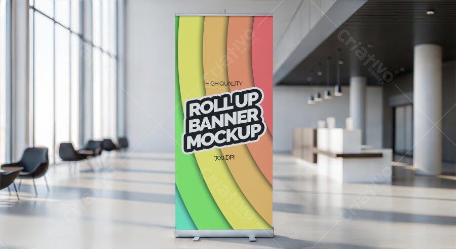 Mockup Roll Up Banner Vertical Sala Moderna Editável