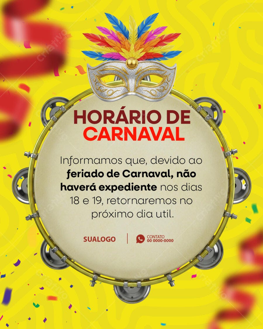 Post Instagram Horário Carnaval Fevereiro PSD Editável