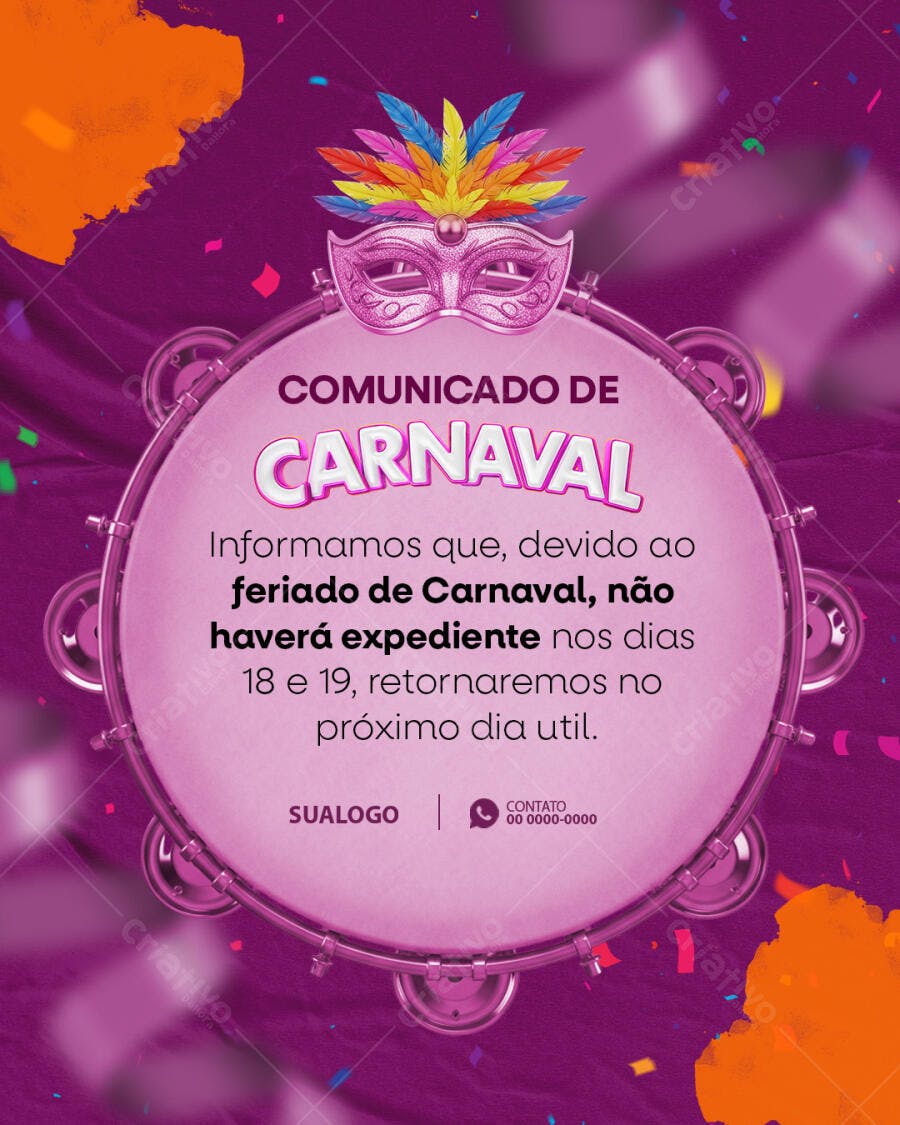 Post Instagram Carnaval Comunicado Feriado PSD Editável