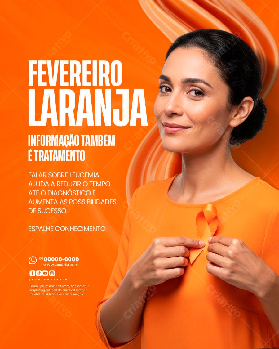 Flyer Fevereiro Laranja Conscientização Leucemia PSD Editável