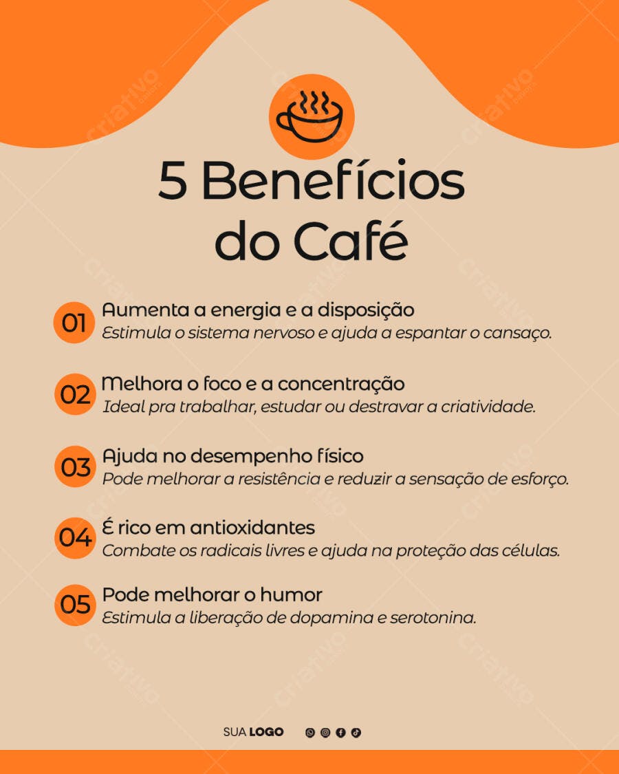 Post Instagram Benefícios do Café Cafeteria PSD Editável